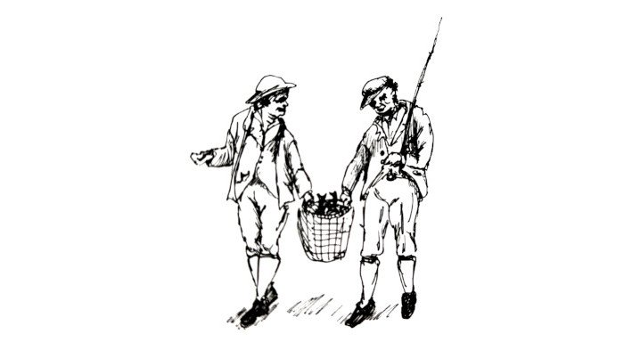 Member and assistant with basket of fish